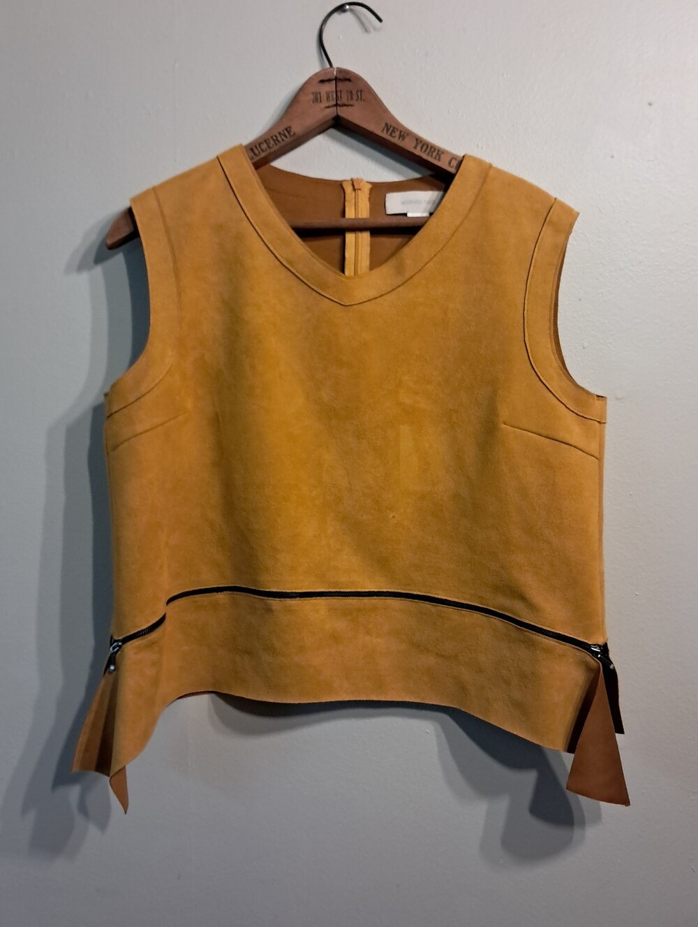 Mignon Doo Mustard Suede Sleeveless V-Neck Tank with Hem Zip Detail